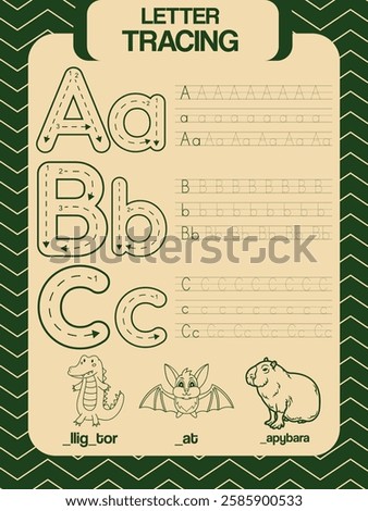 TEMPLATE LETTER A B C TRACING, COLORING PICTURE, WORKSHEET FOR KIDS