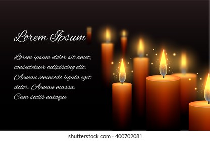 Template letter of condolence with burning candle in the dark