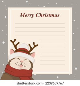 Template for a letter with illustration of a cat in a Santa hat and deer hooves. Happy New Year, Merry Christmas and Happy Holidays card.