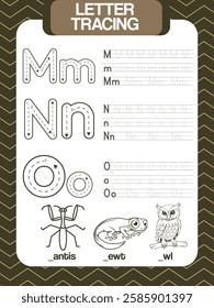 TEMPLATE LETTER M N O TRACING, COLORING PICTURE, WORKSHEET FOR KIDS