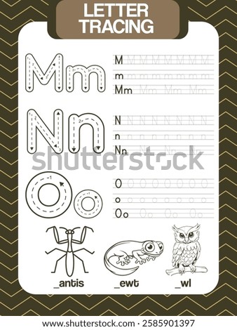 TEMPLATE LETTER M N O TRACING, COLORING PICTURE, WORKSHEET FOR KIDS