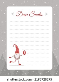 Template for letter to Santa Claus. Christmas layout with cute gnome for wish lists, greeting cards and invitations. Ornate postcard for winter holidays. Vector illustration in flat cartoon style.