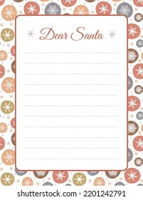 Template for letter to Santa Claus. Christmas layout with snowflakes for wish lists, greeting cards and invitations. Ornate postcard for winter holidays. Vector illustration in flat cartoon style.