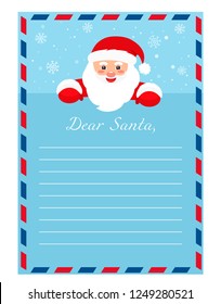 Template letter to Santa Claus. Empty form for the desires of gifts. flat vector illustration isolated on blue background