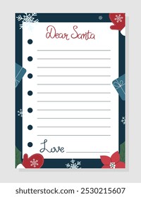 Template of Letter to Santa Claus. Printable sheet  with winter pattern for kids. Christmas background with empty place for wishlist. Layout in A4.