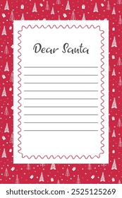 Template of Letter to Santa Claus. Winter Holidays doodle drawings Red Frame. Merry Christmas and New Year preparing. Cute Hand drawn Template for Children wish list. Vector illustration