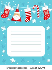 Template letter to Santa Claus with wish list and cartoon socks. Christmas layout, postcard