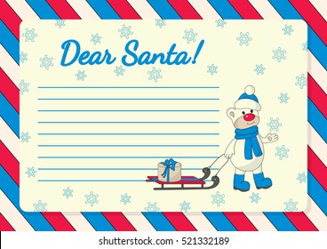 Template for letter to Santa with illustration of bear with sled