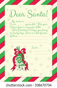 Template for letter to Santa with illustration of bunch of mistletoe