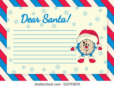 Template for letter to Santa with illustration of clock