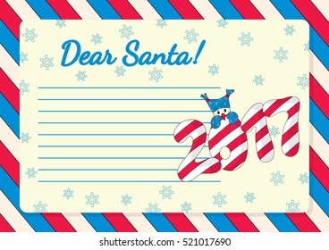 Template for letter to Santa with illustration of hand drawn numbers and snowman