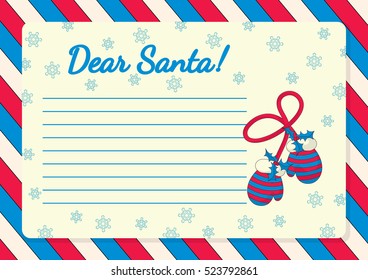 Template for letter to Santa with illustration of mittens on a string