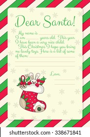 Template for letter to Santa with illustration of Santas boot with gifts and candies