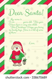 Template for letter to Santa with illustration of snowman with lamp