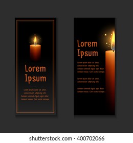 Template letters of condolence with burning candle in the dark