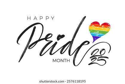 Template LGBTQ Pride Month 2025 lettering. Design vector symbol, poster of Pride Month support rainbow heart logo. Banner with for social media posts, stories, websites. Vector illustration.