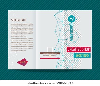 Template light vector design for trifold brochure with blue polygonal grid. Editable, bright. Proportionally for A4 size