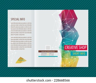 Template light vector design for trifold brochure with colorful polygons and white polygonal grid. Editable, bright. Proportionally for A4 size