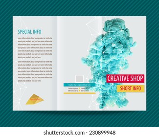 Template light vector design for trifold brochure with light blue paint, ink cloud. Editable, bright. Proportionally for A4 size