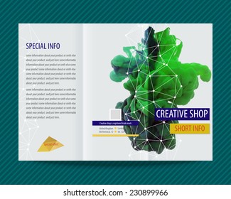 Template light vector design for trifold brochure with green and blue paint, ink cloud. Editable, bright. Proportionally for A4 size