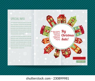 Template light vector design for trifold brochure with bright houses, snowflakes. Editable. Proportionally for A4 size