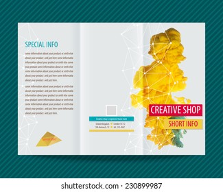 Template light vector design for trifold brochure with yellow paint, ink cloud. Editable, bright. Proportionally for A4 size