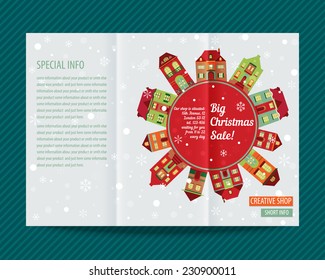 Template light vector design for trifold brochure with bright houses, snowflakes. Editable. Proportionally for A4 size