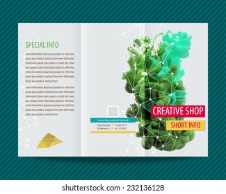 Template light vector design for trifold brochure with with green paint, ink cloud. Editable, bright. Proportionally for A4 size