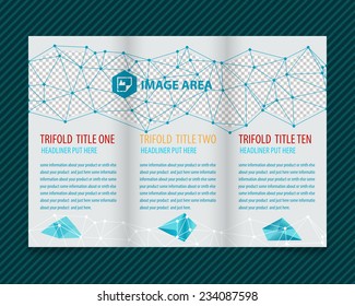 Template light vector design for trifold brochure with blue polygonal grid, place for photos, colorful polygons. Editable, bright. Proportionally for A4 size
