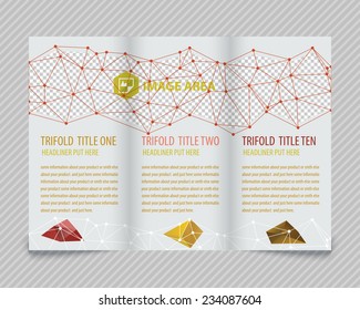 Template light vector design for trifold brochure with blue polygonal grid, place for photos, colorful polygons. Editable, bright. Proportionally for A4 size