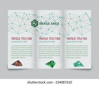 Template light vector design for trifold brochure with blue polygonal grid, place for photos, colorful polygons. Editable, bright. Proportionally for A4 size