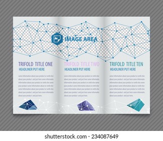 Template light vector design for trifold brochure with blue polygonal grid, place for photos, colorful polygons. Editable, bright. Proportionally for A4 size