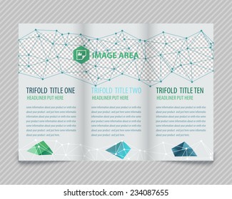 Template light vector design for trifold brochure with blue polygonal grid, place for photos, colorful polygons. Editable, bright. Proportionally for A4 size