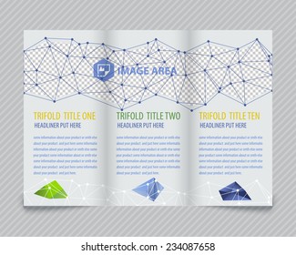Template light vector design for trifold brochure with blue polygonal grid, place for photos, colorful polygons. Editable, bright. Proportionally for A4 size