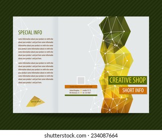 Template light vector design for trifold brochure with colorful polygons and white polygonal grid. Editable, bright. Proportionally for A4 size