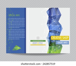 Template light vector design for trifold brochure with colorful polygons and white polygonal grid. Editable, bright. Proportionally for A4 size