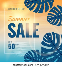 Template of Limited Offer Summer Sale Banner with Tropical Leaf and Exotic Ocean View