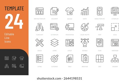 
Template Line Editable Icons set. Vector illustration in modern thin line style of development related icons: layout, flowchart, wireframe, and more. Isolated on transparent background.
