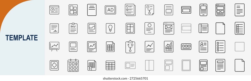 conjunto de ícones de linha de modelo para layout de site e vetor de design de interface de documento
