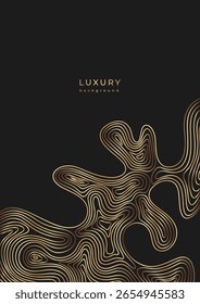 Modelo com gotas lineares. Design dourado ondulado. Banner vertical luxuoso com padrão de onda. Textura líquida fluida. Curvas de bronze. Fundo preto com linhas douradas. Superfície geométrica dinâmica ondulada