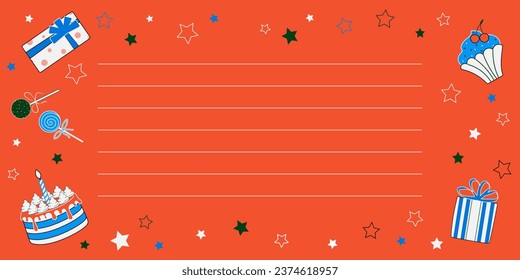 Template with lines on a red background decorated with party sweets icons. Vector illustration for invitation, card, poster. Copy space.