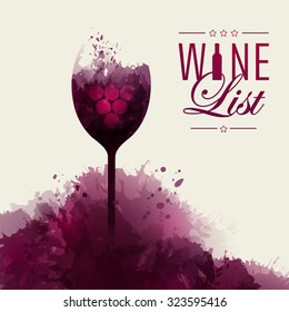 Template list or wine tasting. Illustration glass of wine. Background with wine stains, expressive texture. Vector
