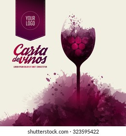 Template list or wine tasting. Illustration glass of wine. Background with wine stains, expressive texture. Vector