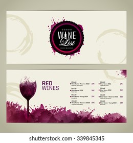 Template list or wine tasting. Illustration glass of wine. Background with wine stains, expressive texture. Idea for your design. Vector