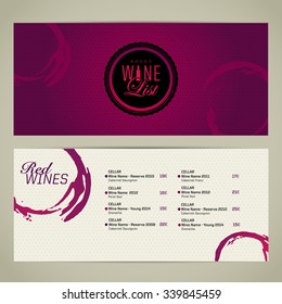 Template list or wine tasting. Illustration glass of wine. Background with wine stains, expressive texture. Idea for your design. Vector