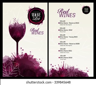 Template list or wine tasting. Illustration glass of wine. Background with wine stains, expressive texture. Idea for your design. Vector