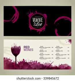Template list or wine tasting. Illustration glass of wine. Background with wine stains, expressive texture. Idea for your design. Vector
