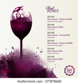 Template list or wine tasting. Illustration glass of wine. Artistic design background with wine stains. Vector