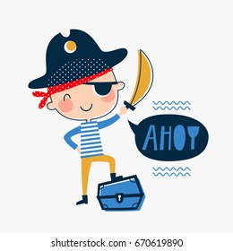 Template with little pirate for cards, t-shirt prints, summer holidays. Vector illustration in red, yellow and blue colors.