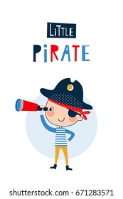 Template with little pirate for cards, t-shirt prints, summer holidays. Vector illustration in red, yellow and blue colors.